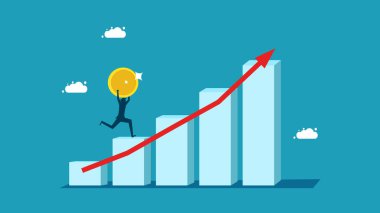 Yatırımlardan gelir veya kâr. Varlık büyüme konsepti. Çubuk grafik vektörüne tırmanan büyük para tutan işadamı