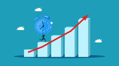 Büyümek için uzun vadeli yatırım. İş adamı büyüme grafiği vektöründe saati tutuyor
