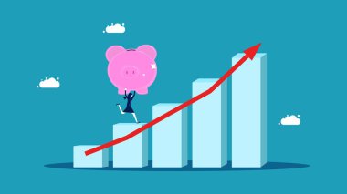 Yatırımlar ve büyüme için uzun vadeli tasarruflar. İş kadını domuz kumbarasını büyüme grafiği vektöründe tutuyor