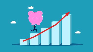 Yatırımlar ve büyüme için uzun vadeli tasarruflar. İş adamı domuz kumbarasını büyüme grafiği vektöründe tutuyor