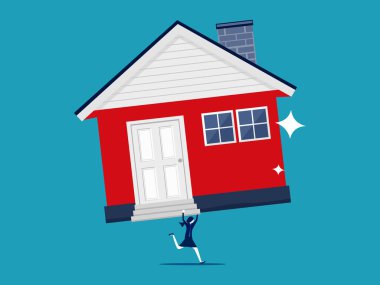 Büyük bir mülkün değeri. İş kadını elinde büyük bir ev vektörü tutuyor.