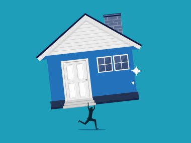 Büyük bir mülkün değeri. Büyük bir ev vektörü tutan iş adamı