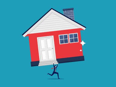 Büyük bir mülkün değeri. Büyük bir ev vektörü tutan iş adamı