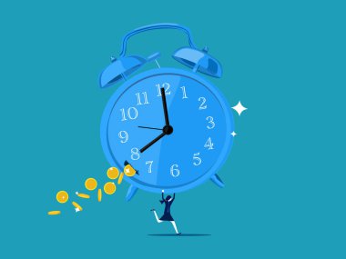 Ömür boyu daha az zaman. İş kadını elinde para akışı vektörüyle büyük bir saat tutuyor.