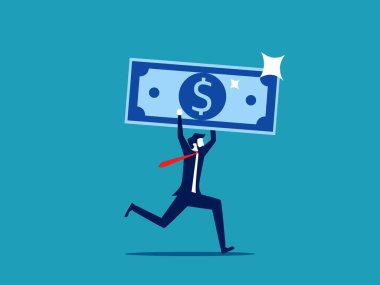 Büyük kar payı. Büyük bir banknot tutan bir iş adamı. iş konsepti vektörü