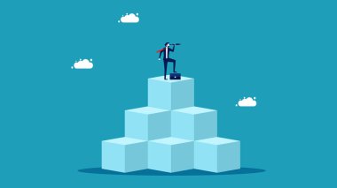 En üst katta dürbün tutan bir iş adamı. İş vizyonu vektörü olan bir lider konsepti