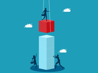 İş büyümesi. İş adamları küplerin istiflenmesine yardım eder. iş konsepti vektör illüstrasyonu