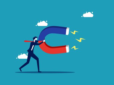 İş adamı elinde at nalı şeklinde bir mıknatıs tutuyor. çekim konsepti vektörü