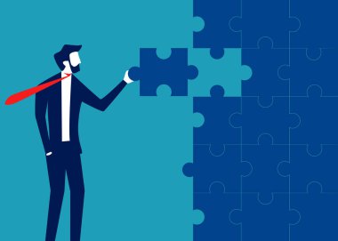 Yapboz monte eden bir iş adamı. iş çözümü kavramı vektörü