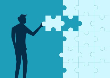 Yapboz monte eden bir iş adamı. iş çözümü kavramı vektörü