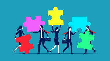 Yapboz elementlerini birbirine bağlayan insanlar. Takım çalışması veya işbirliği vektörünün sembolü