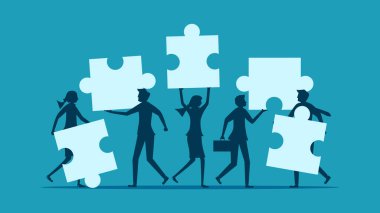 Yapboz elementlerini birbirine bağlayan insanlar. Takım çalışması veya işbirliği vektörünün sembolü