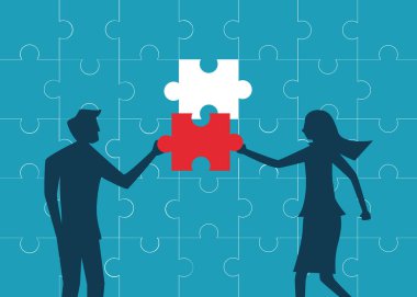 İş adamları ve kadınlar bulmaca elementlerini birleştirmek için el ele tutuşur. İşbirliği sorunları çözme sembolü
