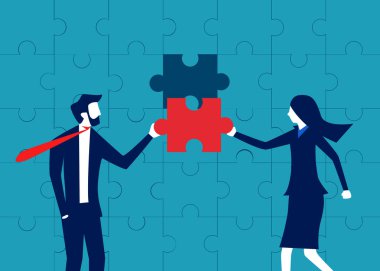 İş adamları ve kadınlar bulmaca elementlerini birleştirmek için el ele tutuşur. İşbirliği sorunları çözme sembolü