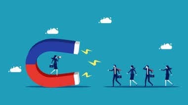 İş kadını insanları cezbetmek için büyük mıknatıslara reklam veriyor. Müşteri Edinme ve Pazarlama Vektörü