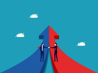 Two businessmen agree on connected arrows. The concept of cooperation for growth vector