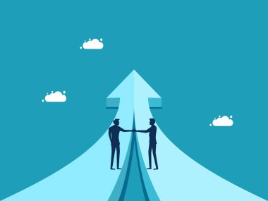 Two businessmen agree on connected arrows. The concept of cooperation for growth vector