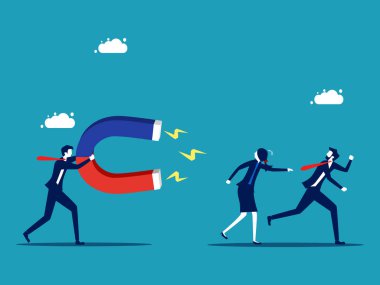 Businessman and woman fleeing from the gravitational pull of the magnet. Ignore the temptation. business concept 
