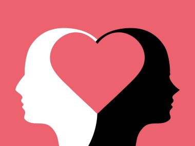 White and black head shadows together form a heart shape. love and unity.  head a heart shape vector illustration
