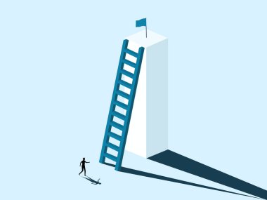 Businessman looking at the success flag on the top of the stairs. Success business concept. vector illustration