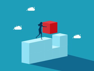 woman solving a problem with a red cube. business concept vector