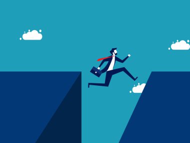 Courage And challenge concept. Businessman jumps over the gap. vector