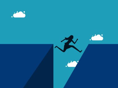 Courage And challenge concept. Businesswoman jumps over the gap. vector