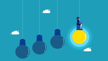 Businesswoman working with laptop on bright light bulb. clear knowledge. vector illustration