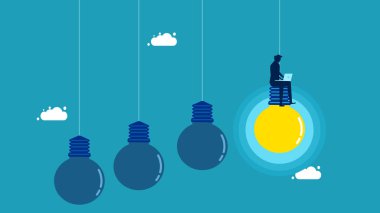 Businessman working with laptop on bright light bulb. clear knowledge. vector illustration