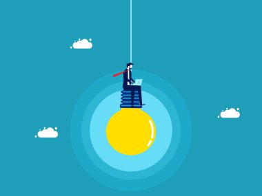 Businessman working with laptop on bright light bulb. True knowledge. vector illustration eps