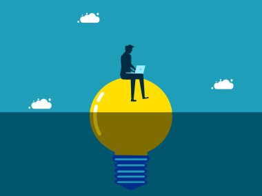 Businessman with laptop on light bulb. Invent and discover new knowledge. vector illustration