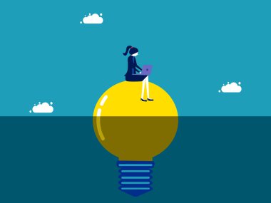 woman with laptop on light bulb. Invent and discover new knowledge. vector illustration
