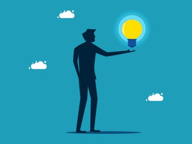 man holding a glowing light bulb. knowledge and creativity. business concept vector illustration