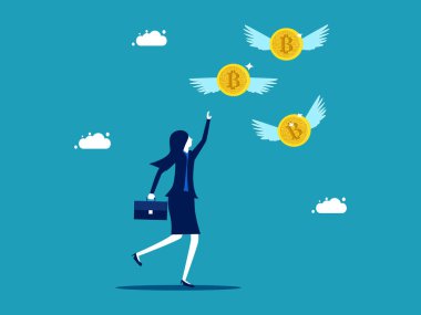 Businesswoman chasing flying digital coins. Loss of property or money. business and finance concept vector illustration