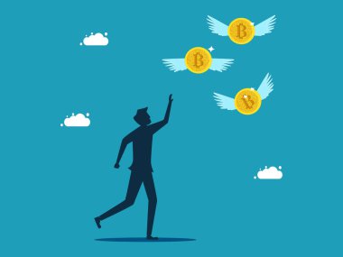 man chasing flying bitcoins. Loss of digital assets. business and finance concept vector