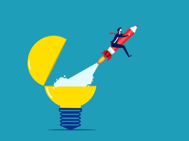 Create new ideas. Imagination or content writing. Businessman riding a pencil rocket from turning on a light bulb vector