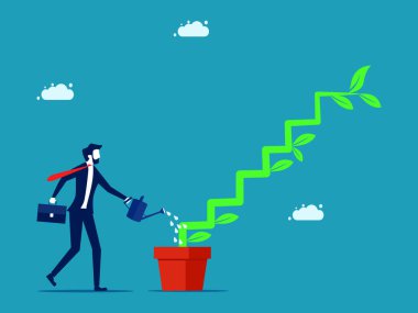 Growth stage or success stage. Businessman watering plants that grow as a ladder to success vector