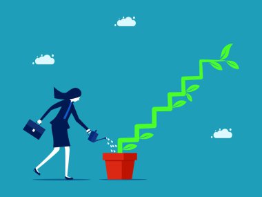 Growth stage or success stage. Businesswoman watering plants that grow as a ladder to success vector