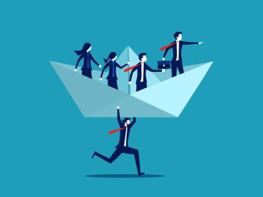 Support for success. Businessman manager lifting paper boat with team colleagues vector
