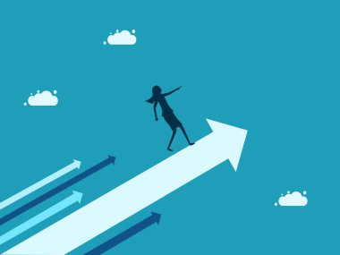 Businesswoman manager raised pointing growth direction on arrow. business and investment concept. vector illustration eps