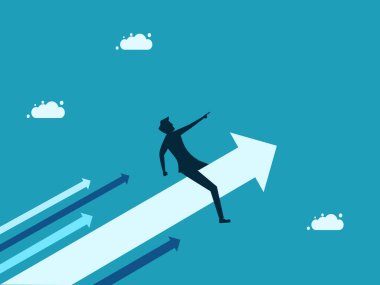 Businessman manager raised pointing growth direction on arrow. business and investment concept. vector illustration eps