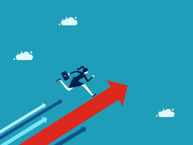 İlerleme okunda koşan bir kadın. Kariyer gelişimi ve ilerleme. vektör