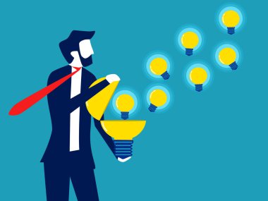 İşadamı bir fikir ampulü yayınlıyor. Bilgi ve fırsatlar sağlayın. vektör