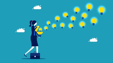 İş kadını, ampul fikrini yayıyor. Bilgi ve fırsatlar sağlayın. vektör