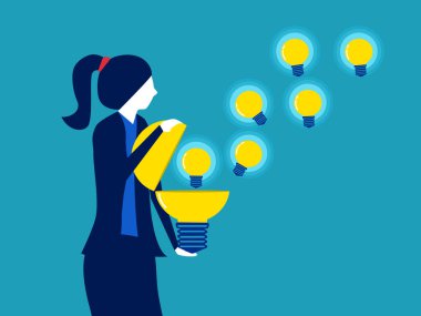 Kadın ampul fikrini yayıyor. Bilgi ve fırsatlar sağlayın. vektör