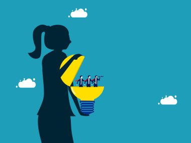 Öngörülü iş adamlarından oluşan bir grup dev bir figürün üzerinde duruyor. Büyük düşünce ve büyük vizyon. iş konsepti vektörü