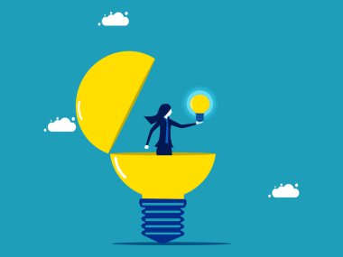 İş kadını yaratıcı bir ampulü yakıyor. Açık bir fikir buldum. vektör illüstrasyonu