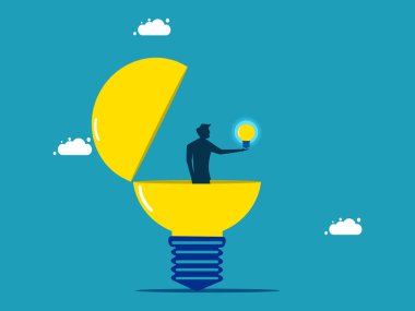 Adam yaratıcı bir ampul yakıyor. Açık bir fikir buldum. vektör illüstrasyonu