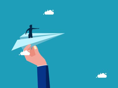 Elinde kağıt uçak tutan bir iş adamı. Hedeflere ulaşmak için destek. iş konsepti vektörü