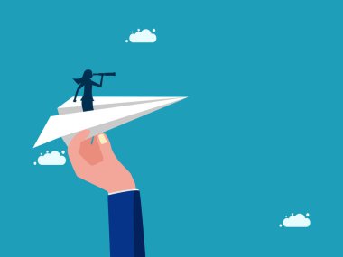 Kadın dürbünü kağıttan bir uçakta. İş amaçlarına ulaşılmasına yardımcı olmak. iş konsepti vektörü